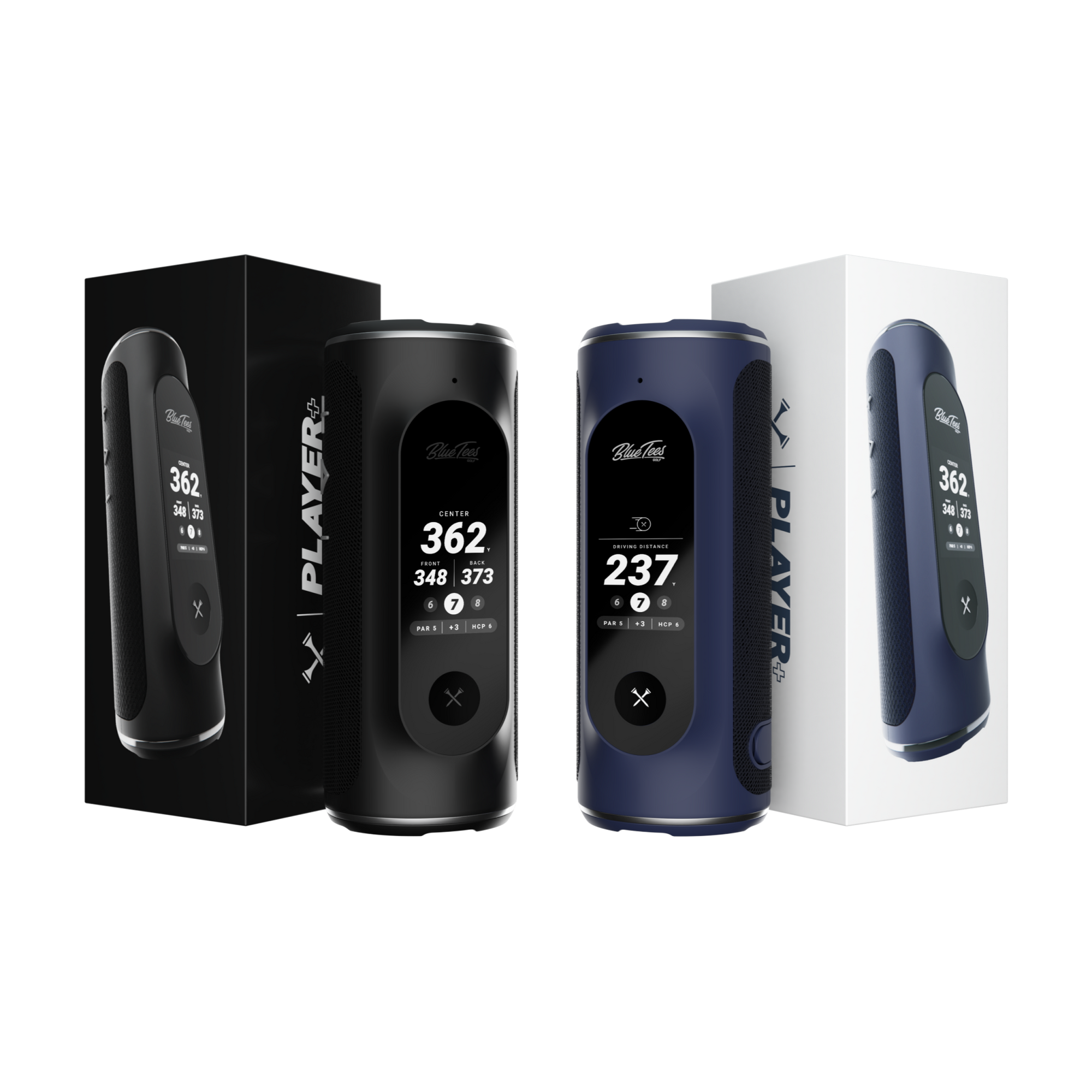Player+ rangefinder and Bluetooth speaker in black and navy for golfers