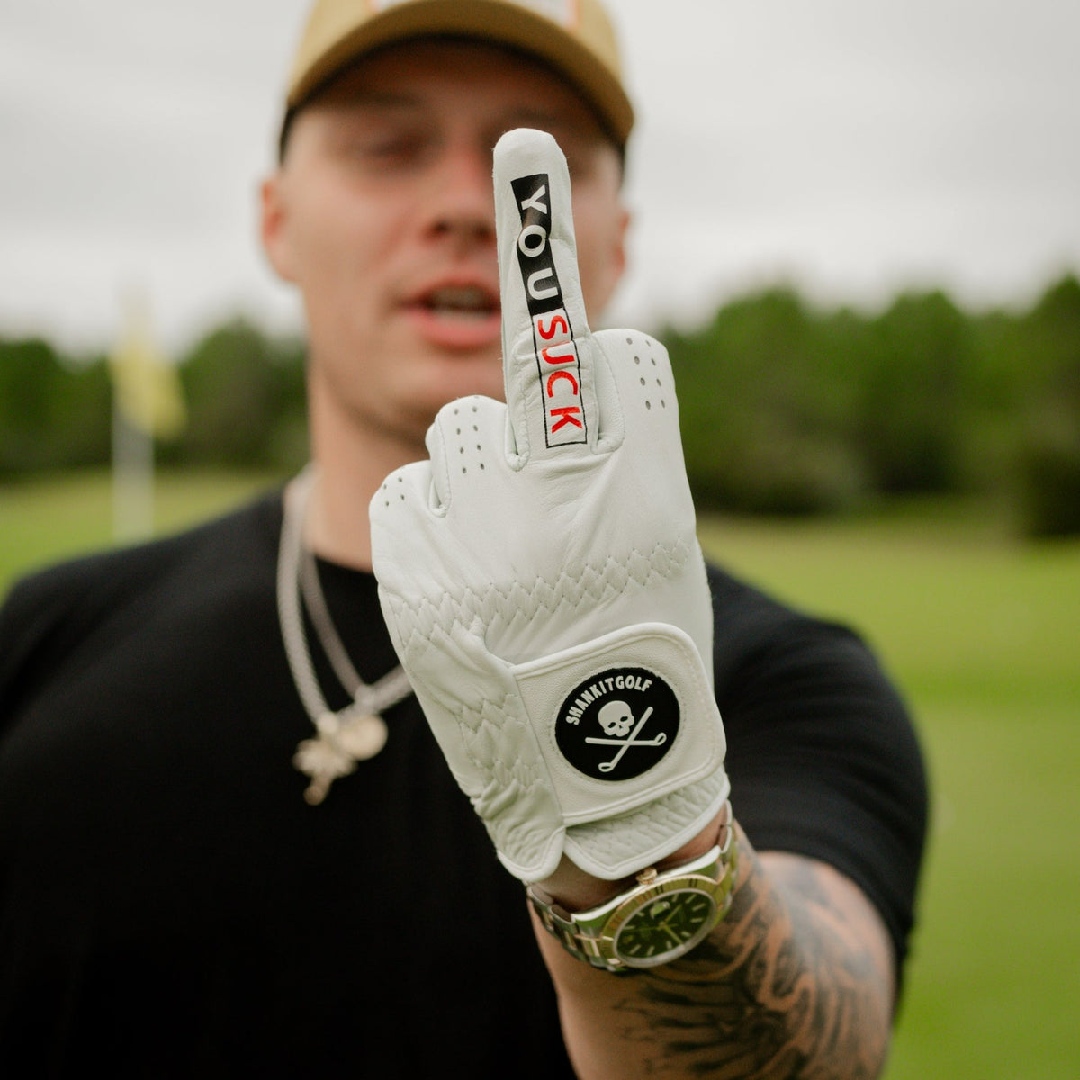 Funny golf glove with premium Cabretta leather and playful design.