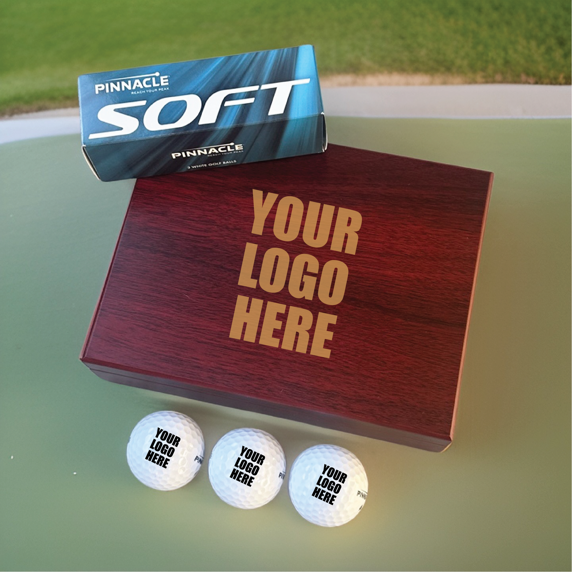 Custom logo golf balls in rosewood box, personalized for tournaments and events