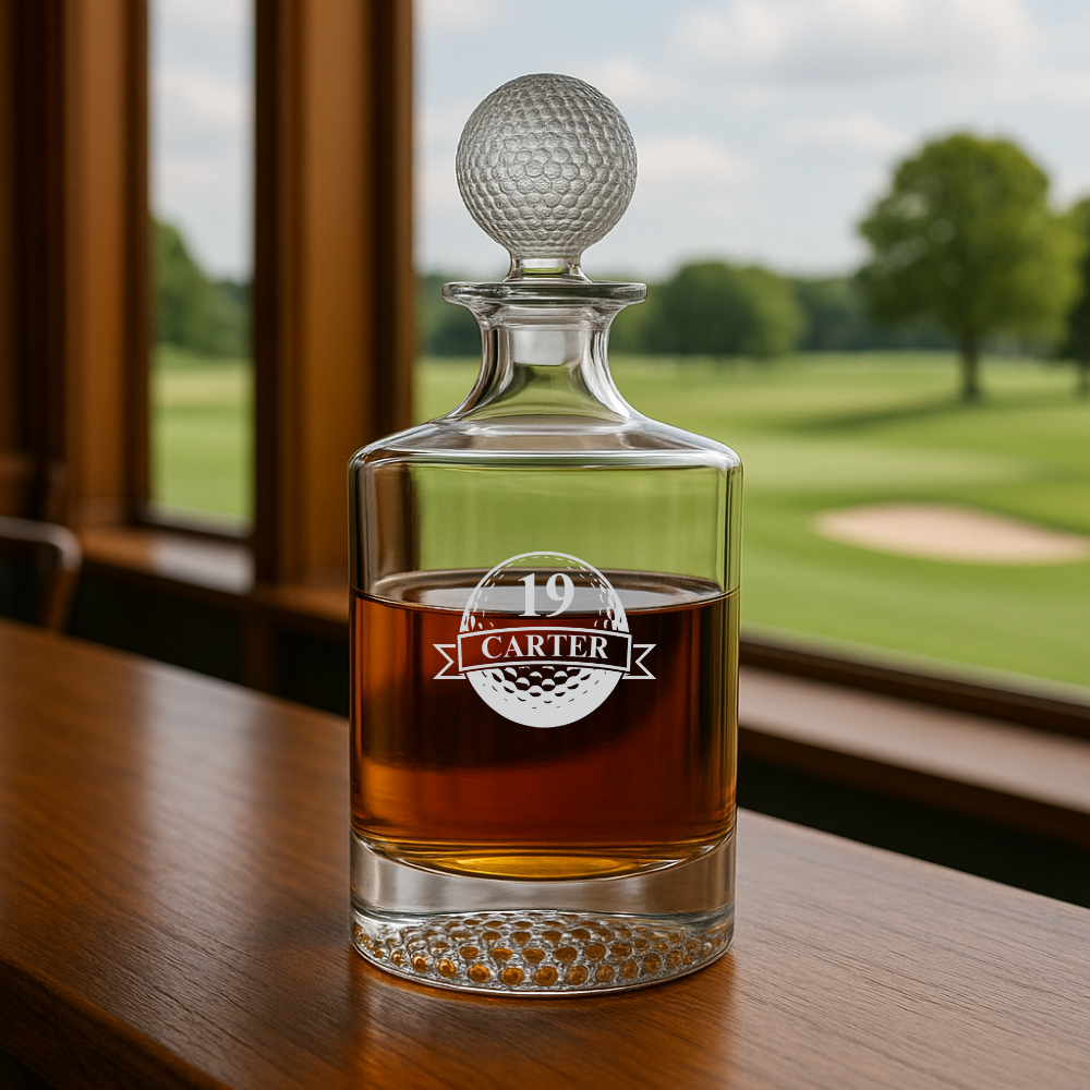 Personalized golf decanter with golf‑ball stopper and name and number etched