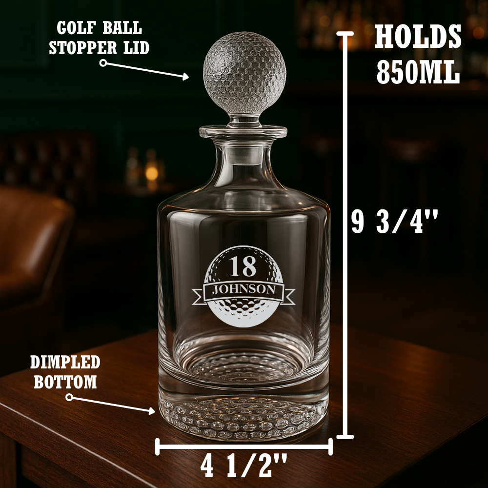 Personalized golf decanter with golf‑ball stopper and name and number etched