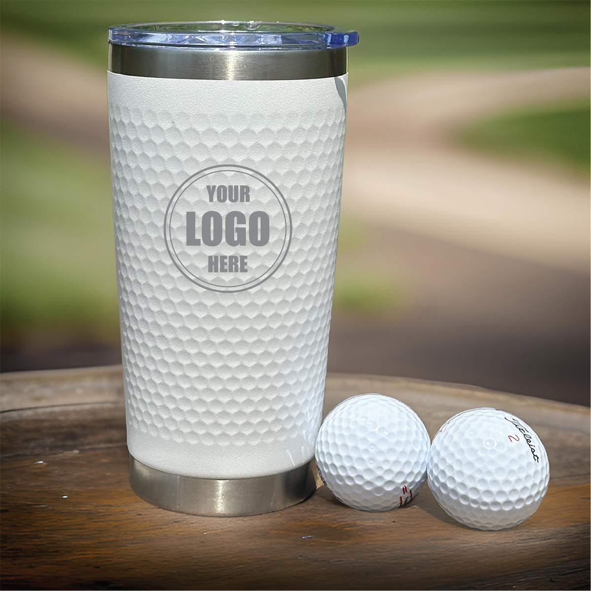 Custom golf tumbler with logo engraving and spill-proof lid