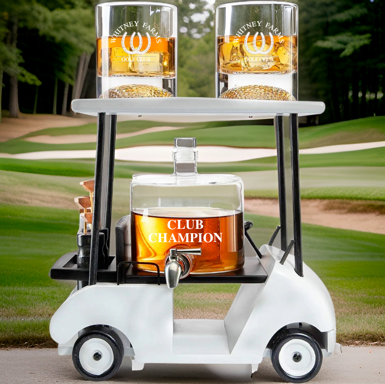 Golf cart whiskey decanter set with two glasses.