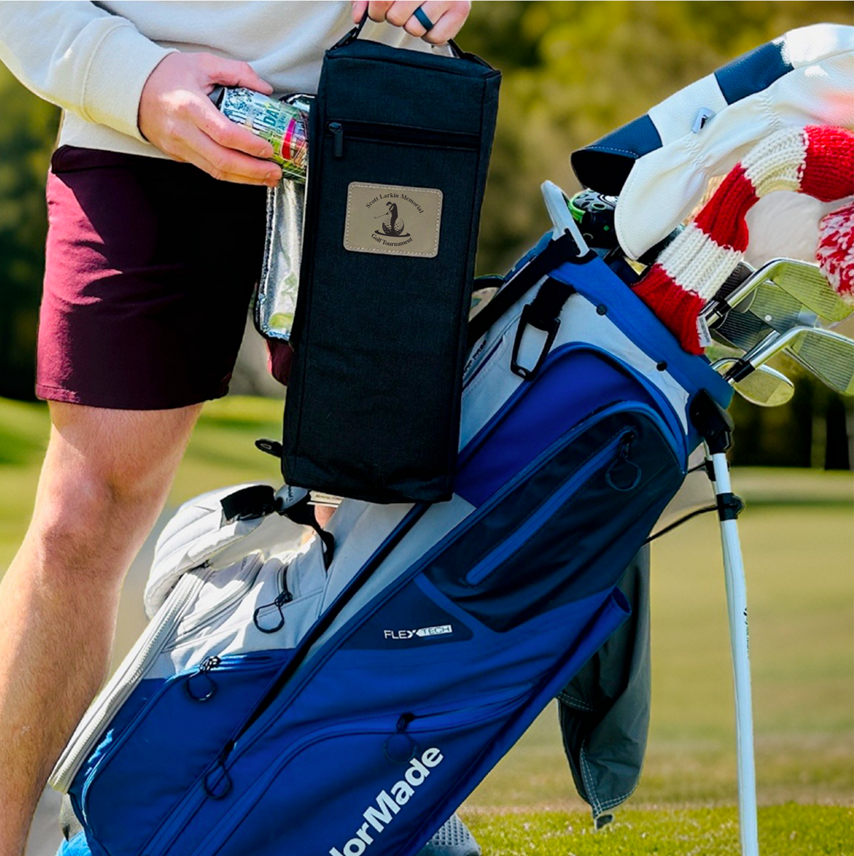 Custom golf tournament cooler bag with handle and extra storage