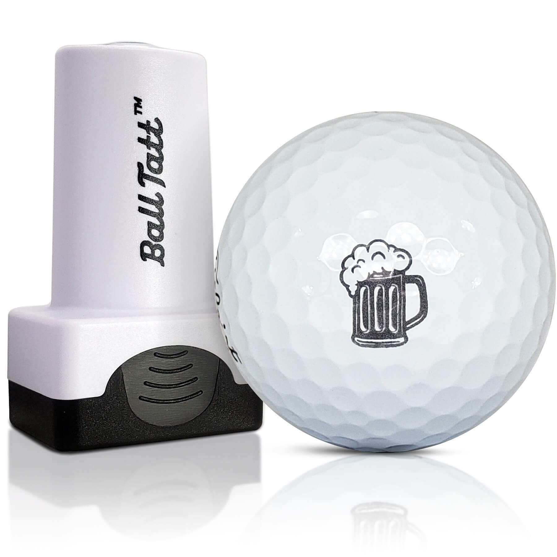 Beer mug golf ball stamp with permanent ink for unique marking.