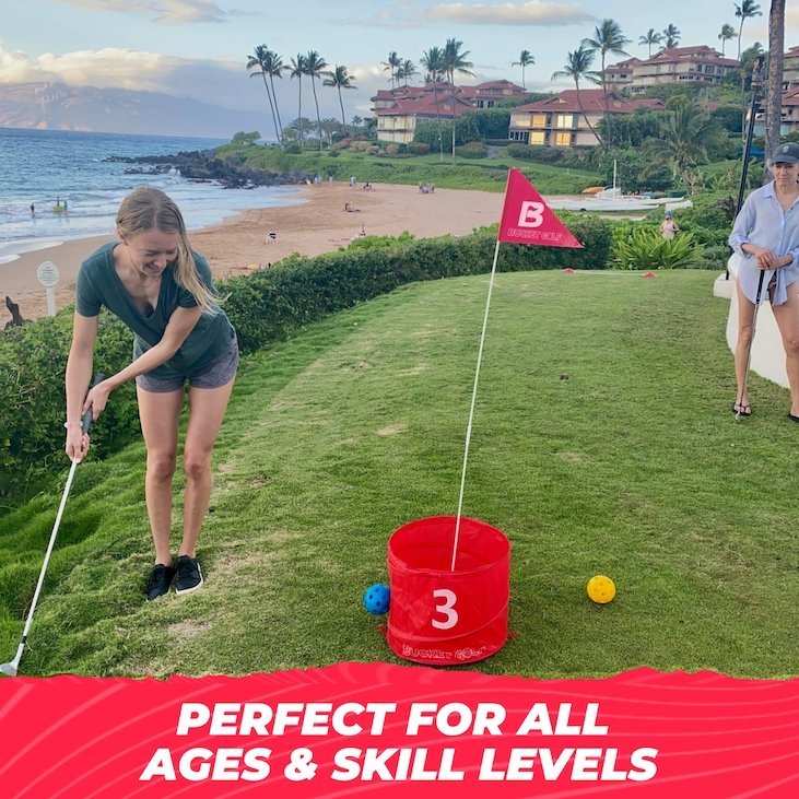 Portable 9-hole backyard golf game set with flagsticks and balls.