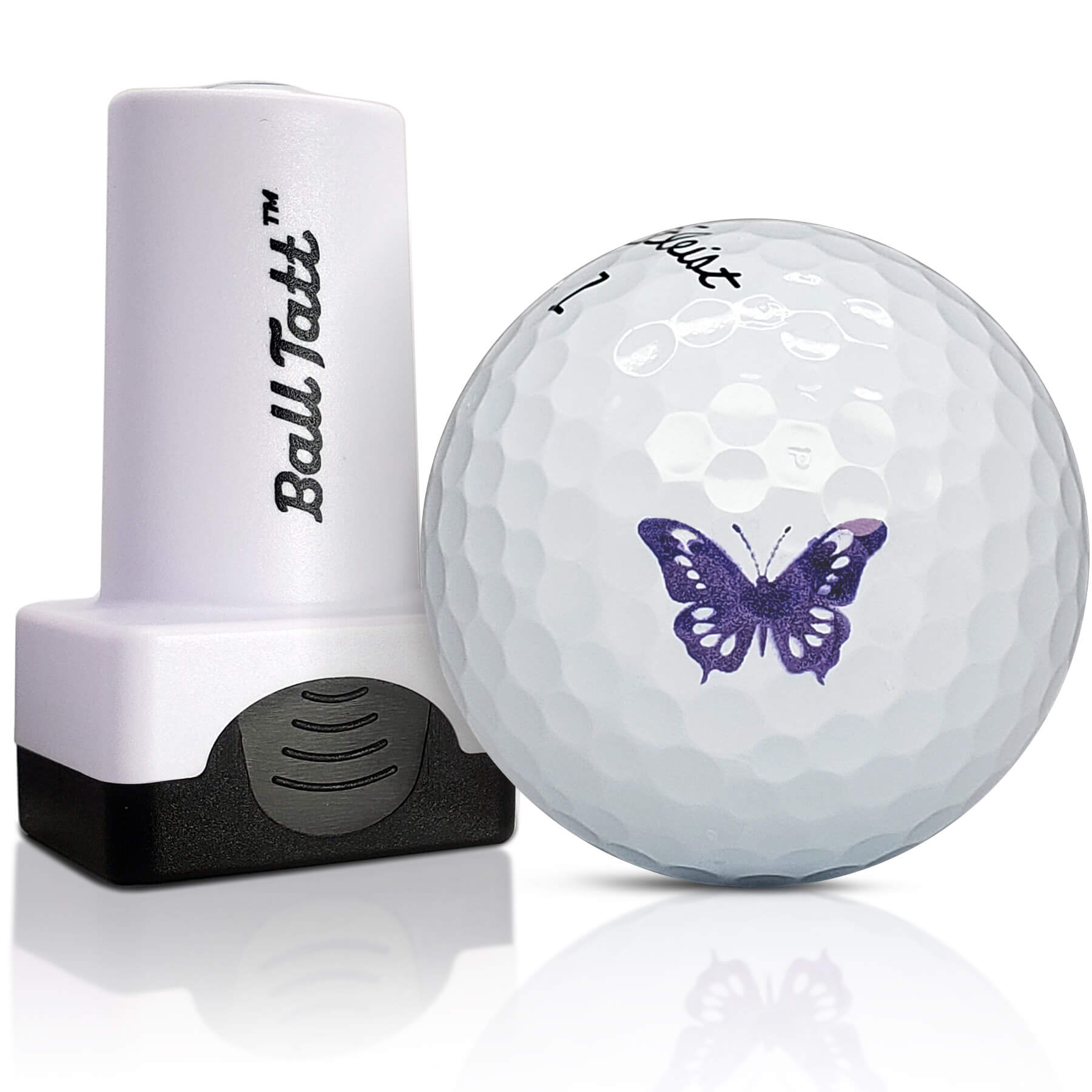 Butterfly golf ball stamp for durable and unique golf ball marking.