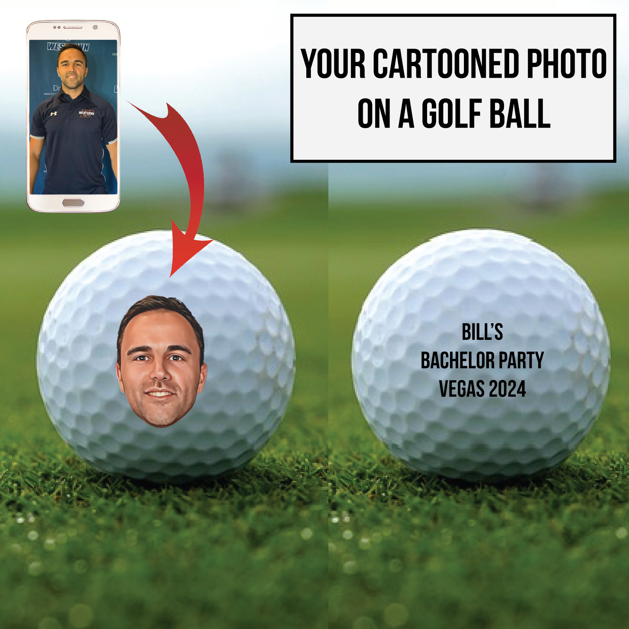 Mug Shot Golf Balls with personalized cartoon photo