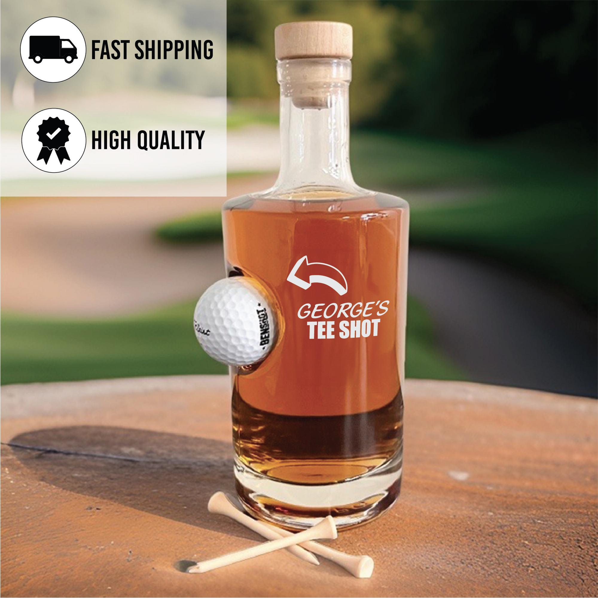 Golf decanter with embedded golf ball, perfect for whiskey and bourbon lovers who enjoy golf-themed gifts.