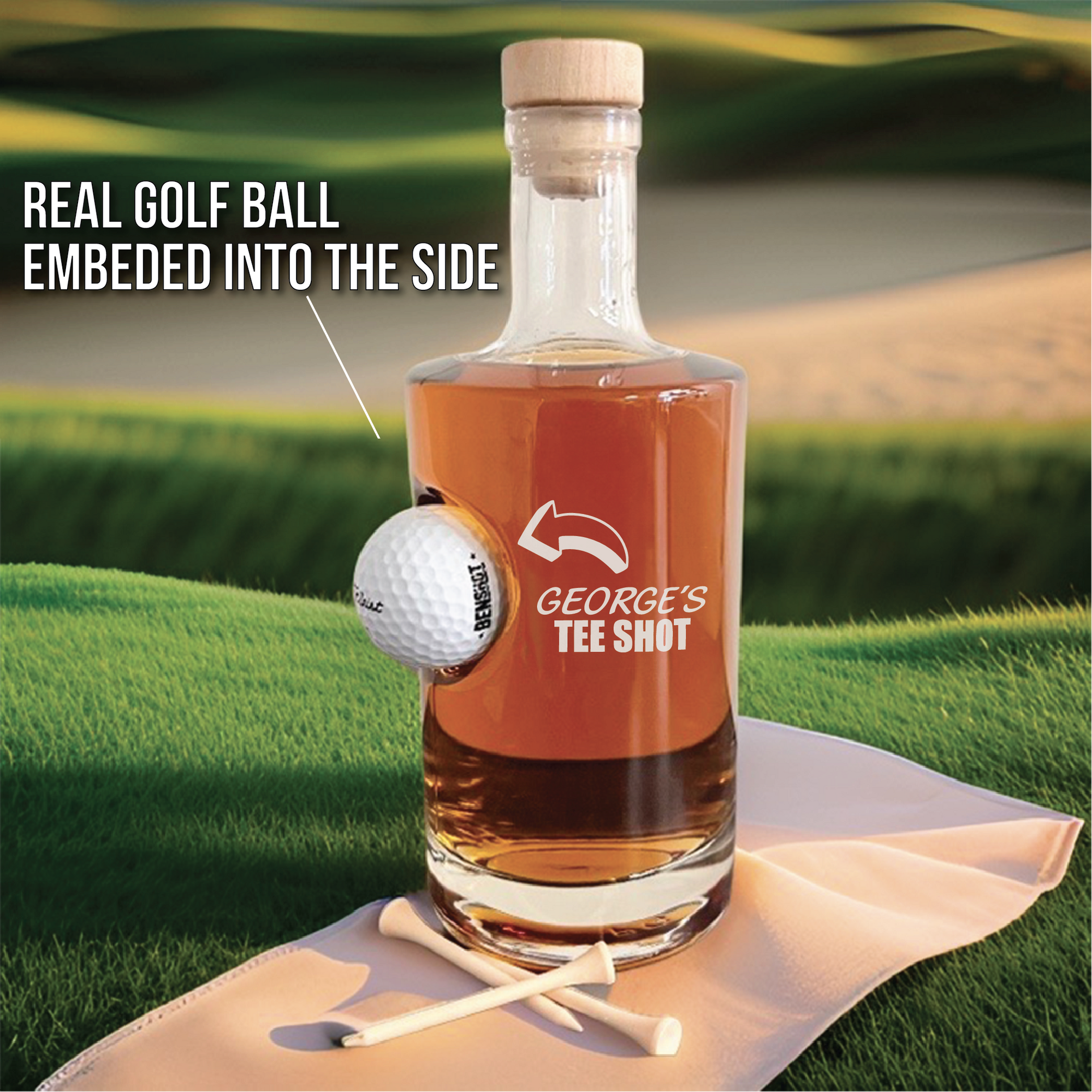 Golf decanter with embedded golf ball, perfect for whiskey and bourbon lovers who enjoy golf-themed gifts.