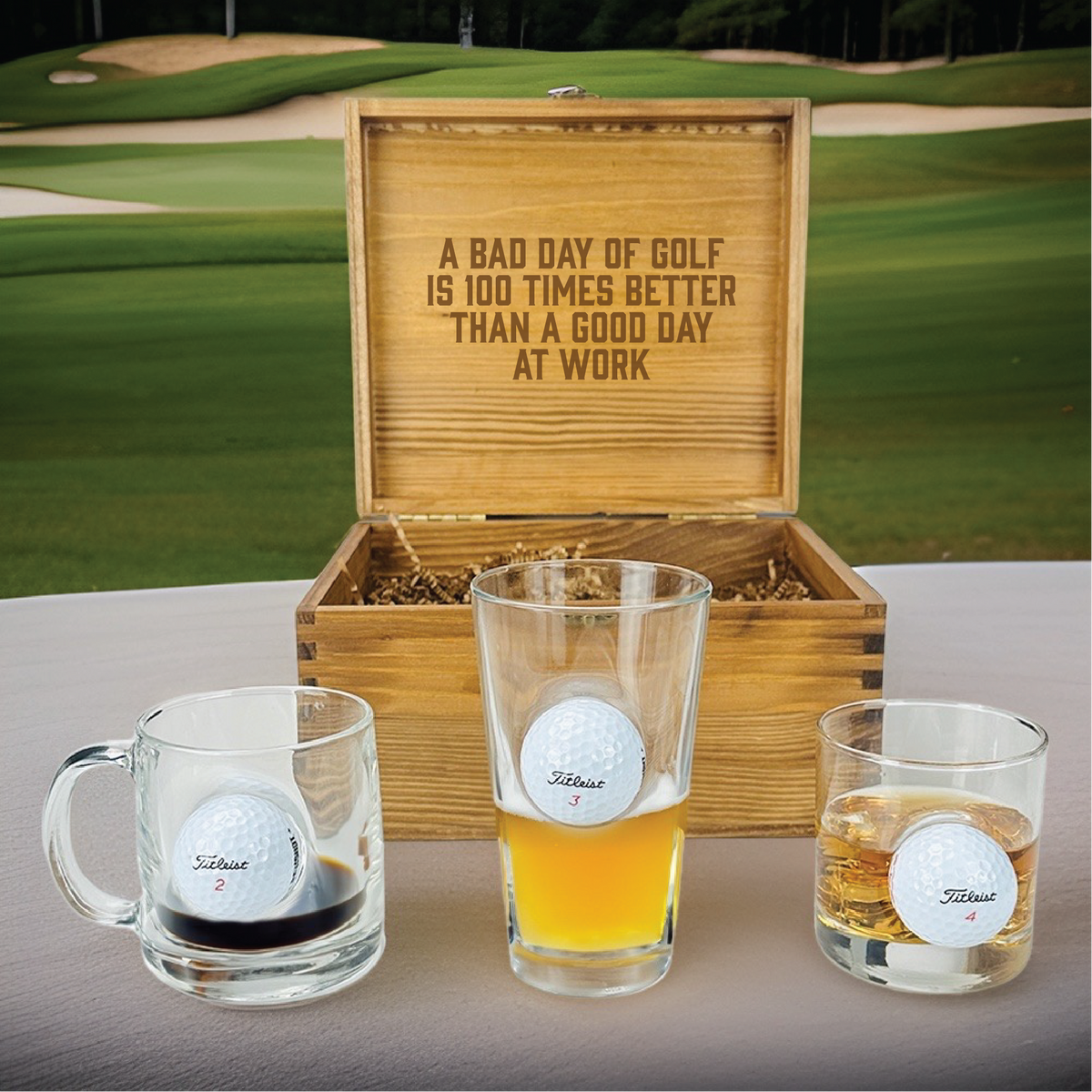 Golfers&#39; Glassware Trio with real golf balls embedded in whiskey, beer, and coffee mugs