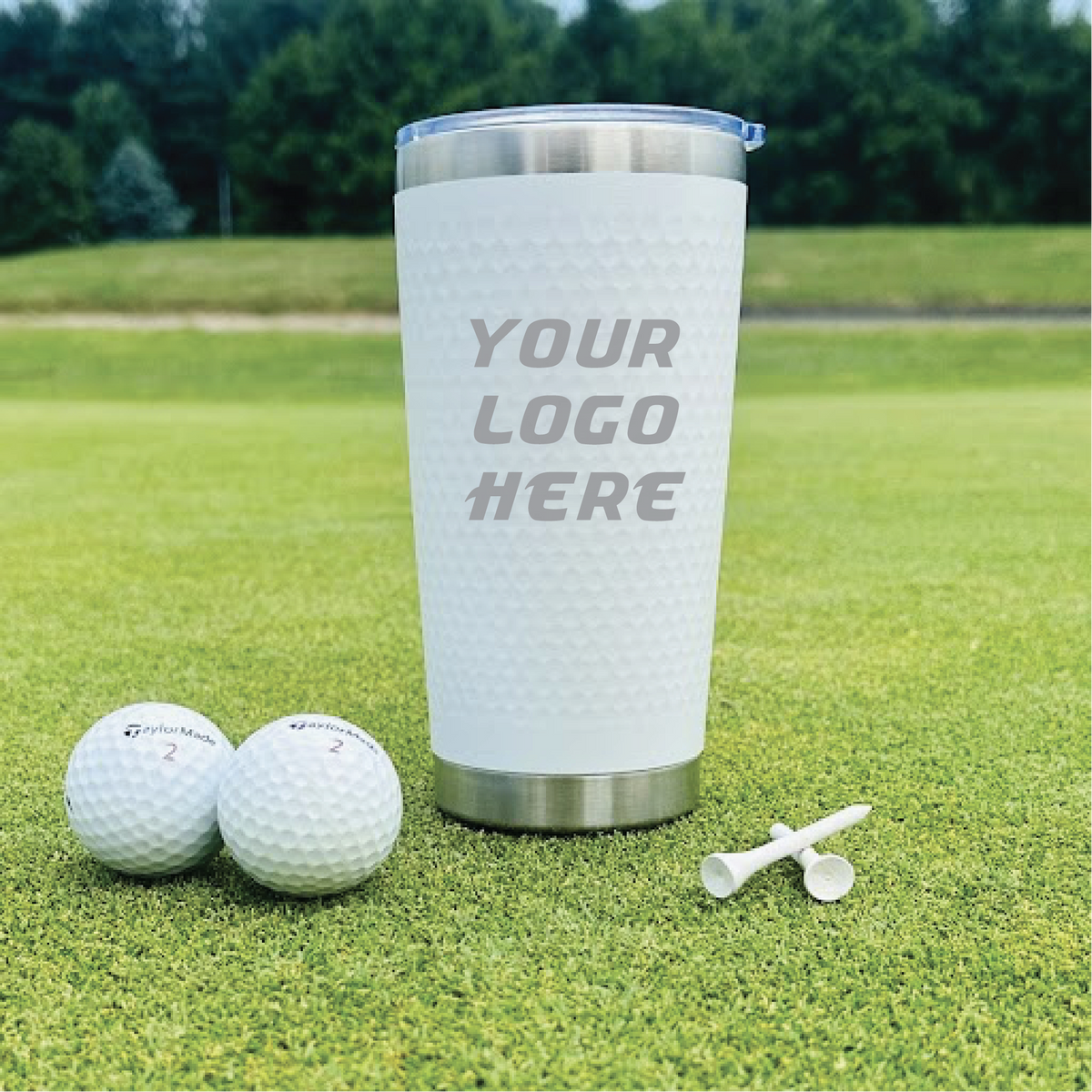 Custom golf tumbler with logo and double-wall insulation.