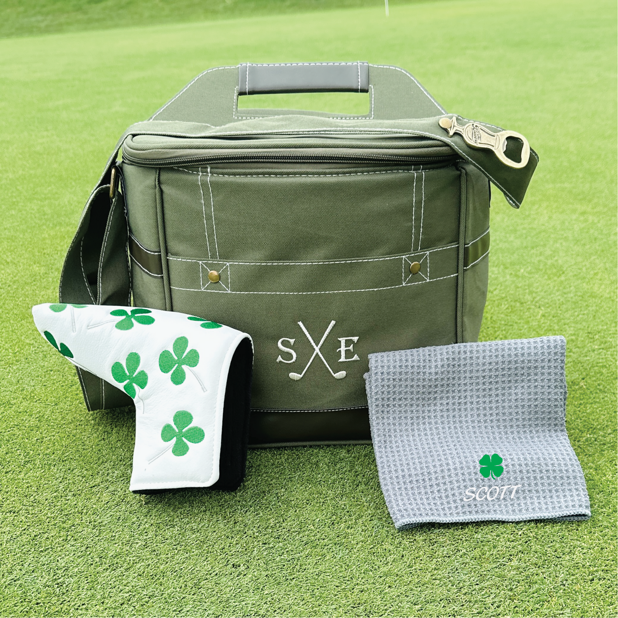 Golf accessory set with personalized cooler, towel, and headcover