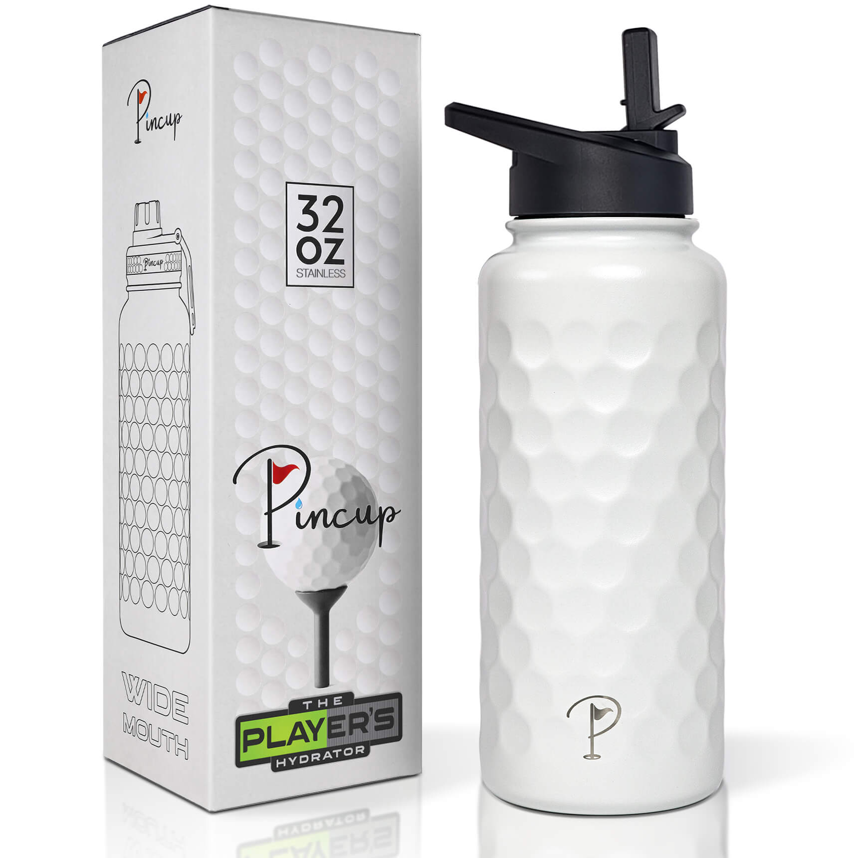 32 oz white water bottle with straw lid for active hydration.