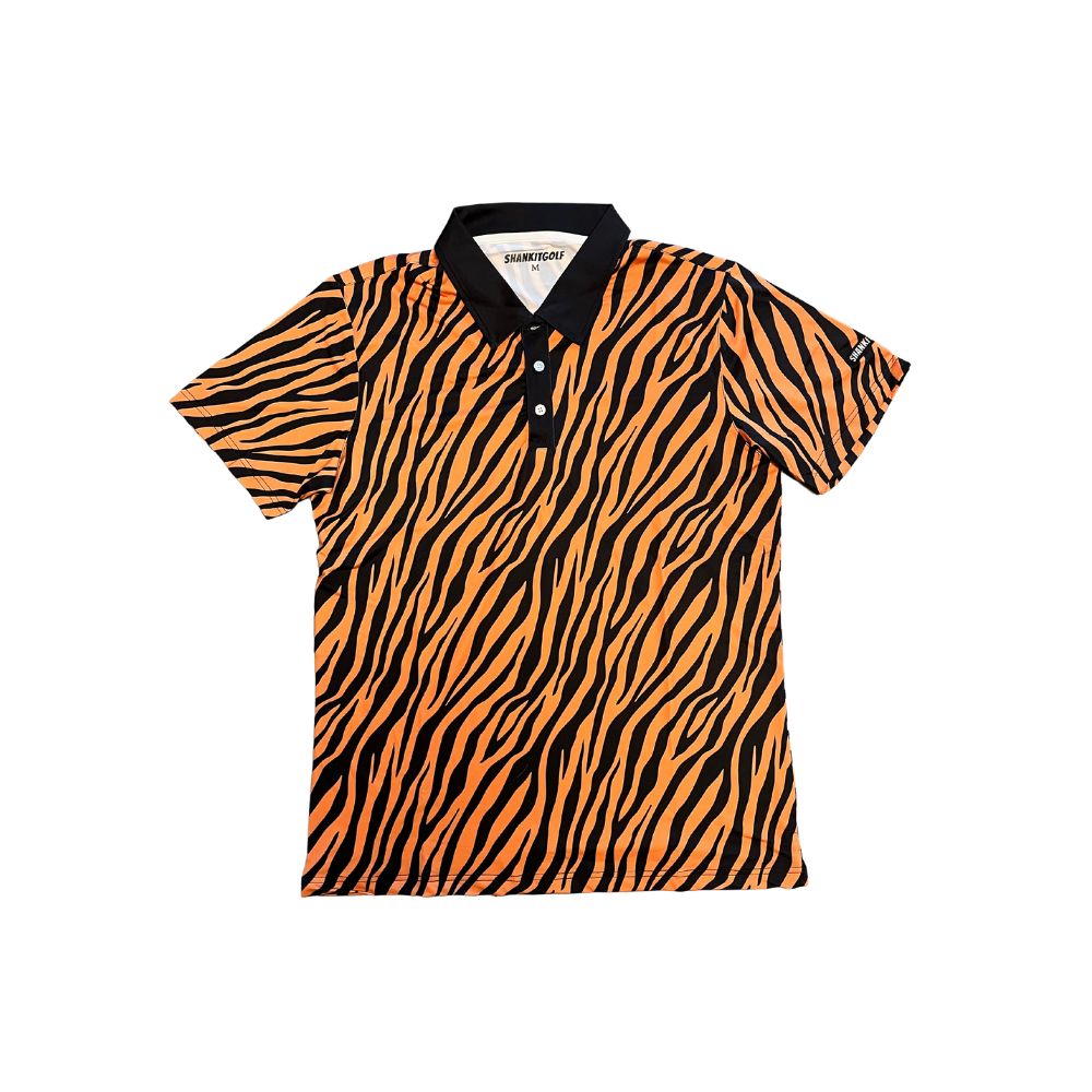 Tiger print golf polo with moisture-wicking fabric and athletic fit