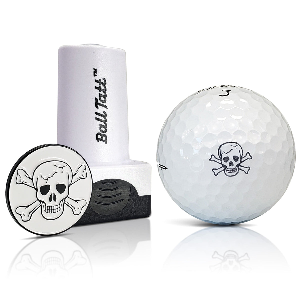 Skull &amp; Crossbones Golf Ball Stamp and Marker Set for unique golf marking.