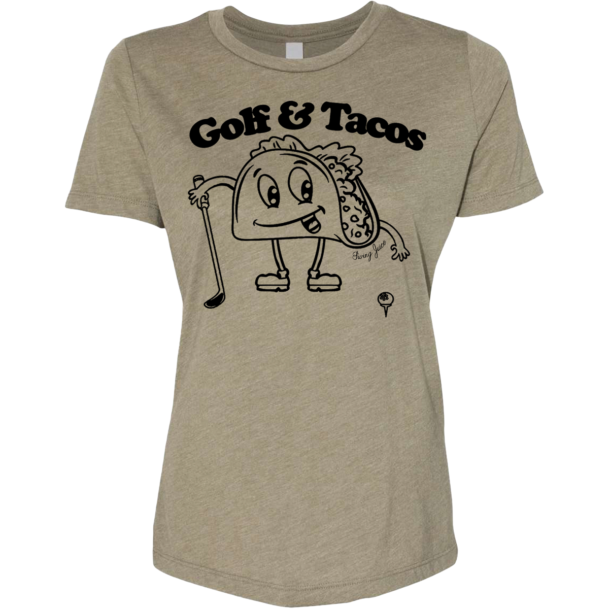 Golf Tacos Women’s T-Shirt in Military Green - Fun golf and taco graphic, soft cotton, relaxed fit