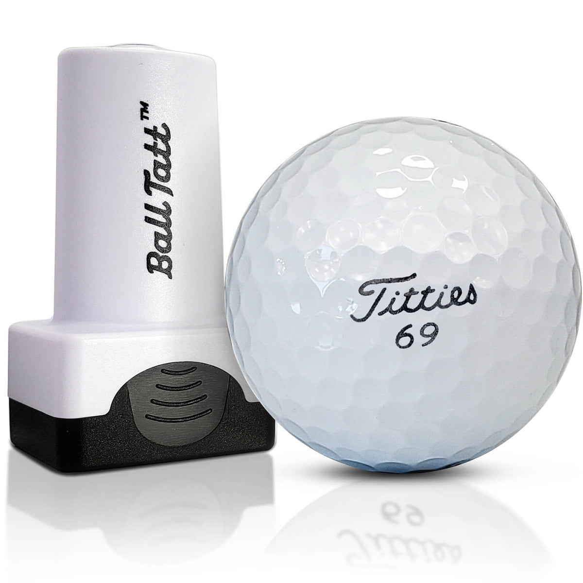 Titties 69 golf ball stamp for fun and easy golf ball identification.