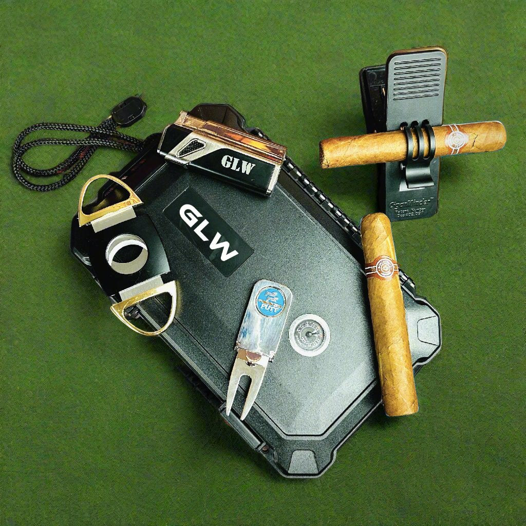 Golf cigar gift set with accessories including a travel case, lighter, clip, and personalization option.