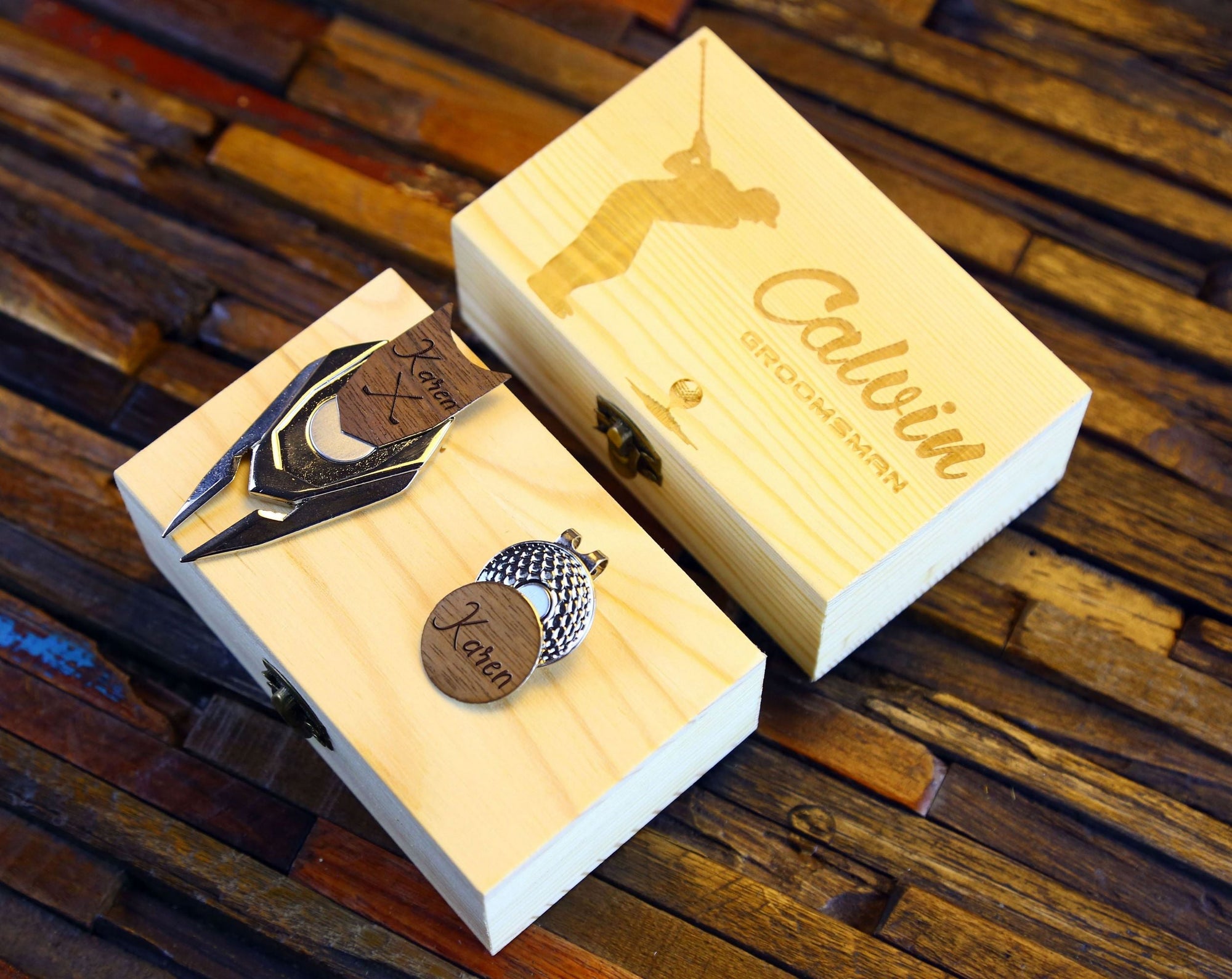 Custom golf gift set with engraved divot tool, ball marker, and leatherette gift box