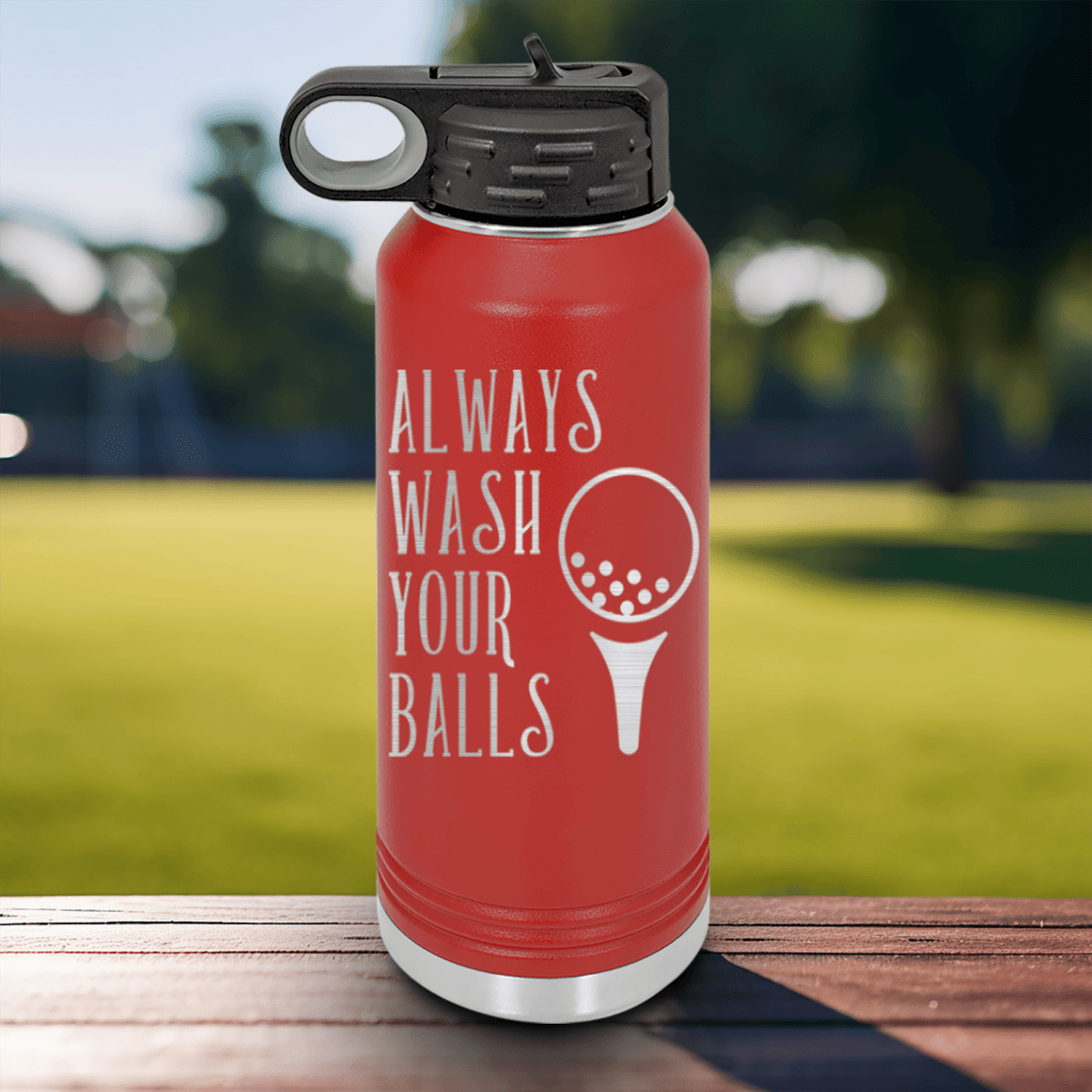 Black golf water bottle Always Wash Your Balls