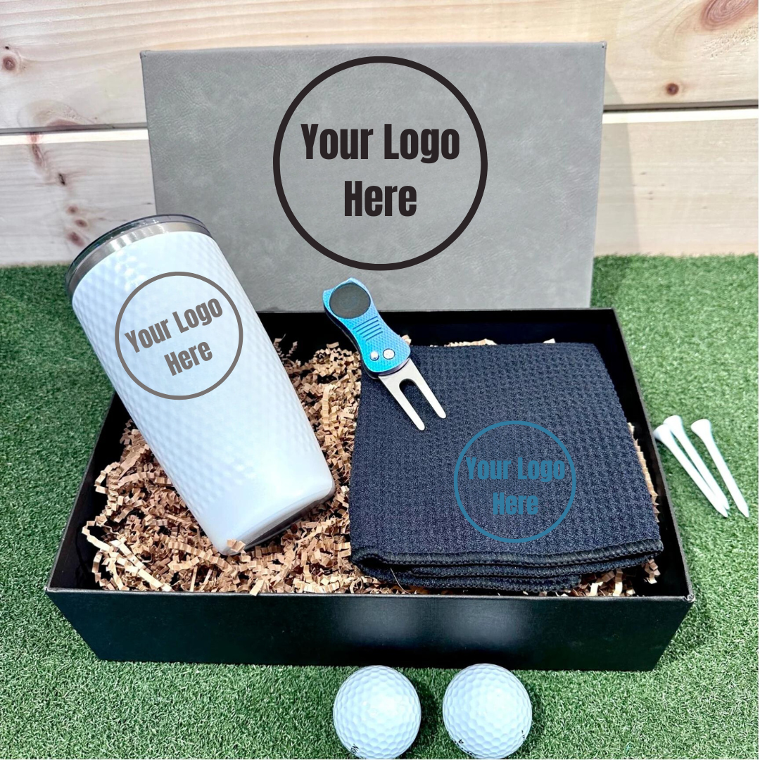 Golf gift set with customizable tumbler, towel, and divot tool