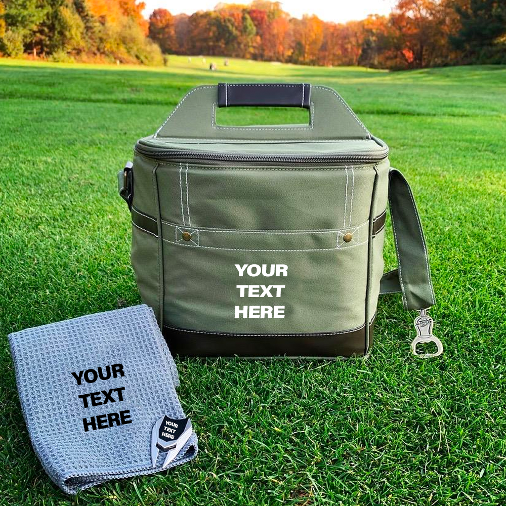 Personalized golf cooler set with towel and divot tool for on-the-course convenience