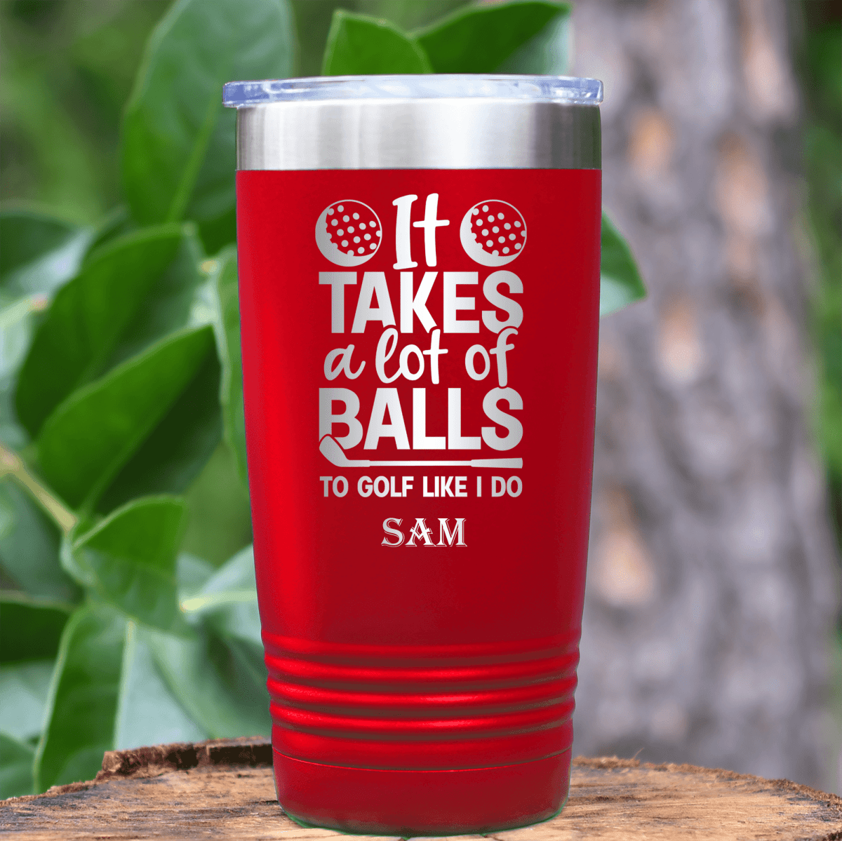Red Golf Tumbler With Golfing Takes Balls Design
