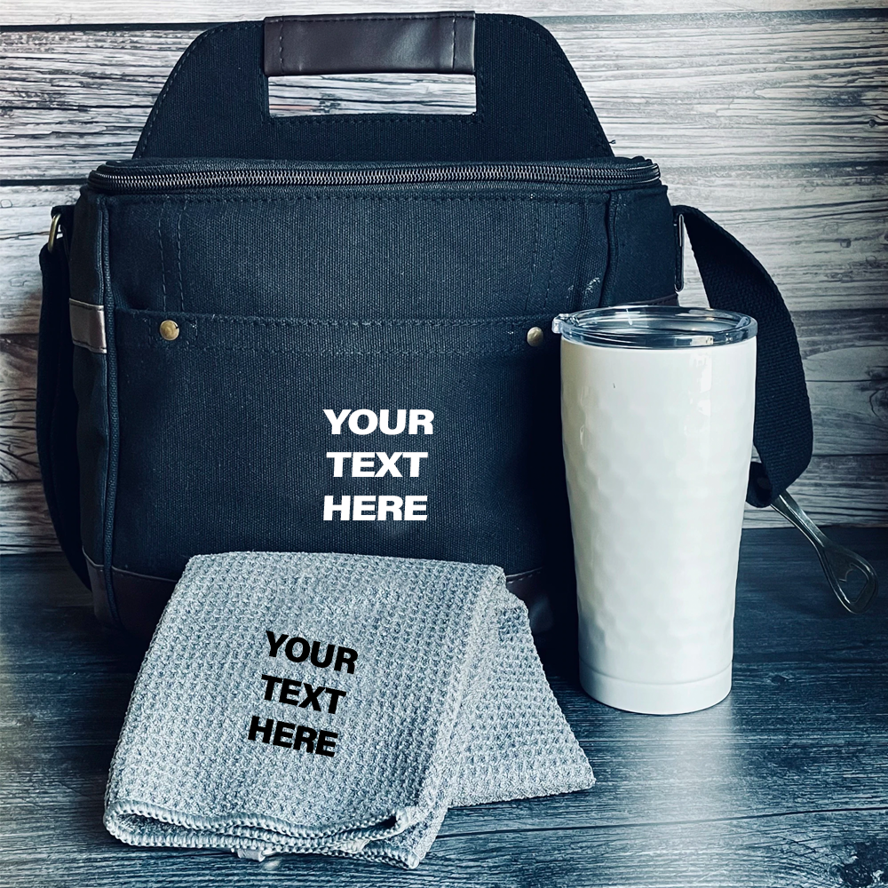 Golf gift set with personalized cooler, tumbler, and towel