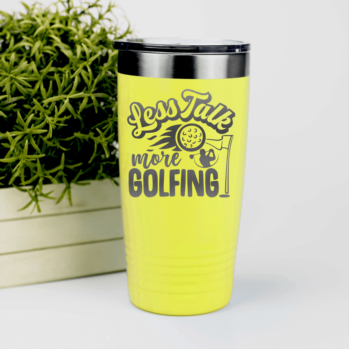 Yellow golf tumbler Less Talk More Golf