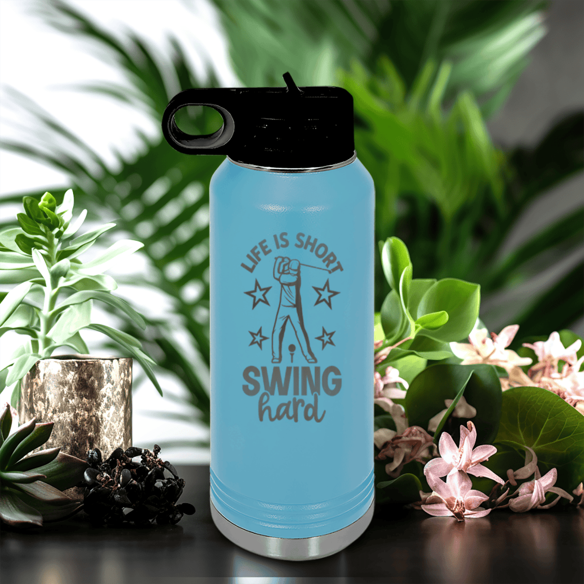 Light Blue golf water bottle Life Is Short Swing Hard