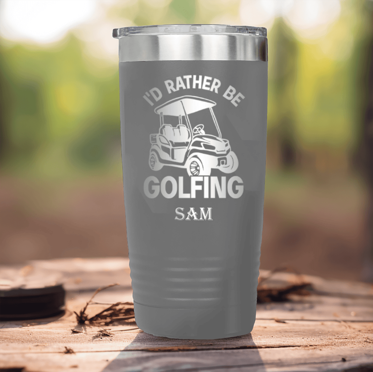 Grey Golf Tumbler With Rather Be Golfin Design