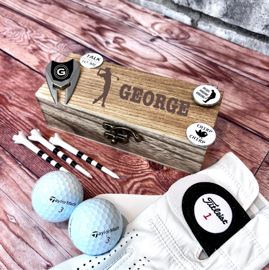 Personalized golf gift set with tumbler, towel, and divot tool