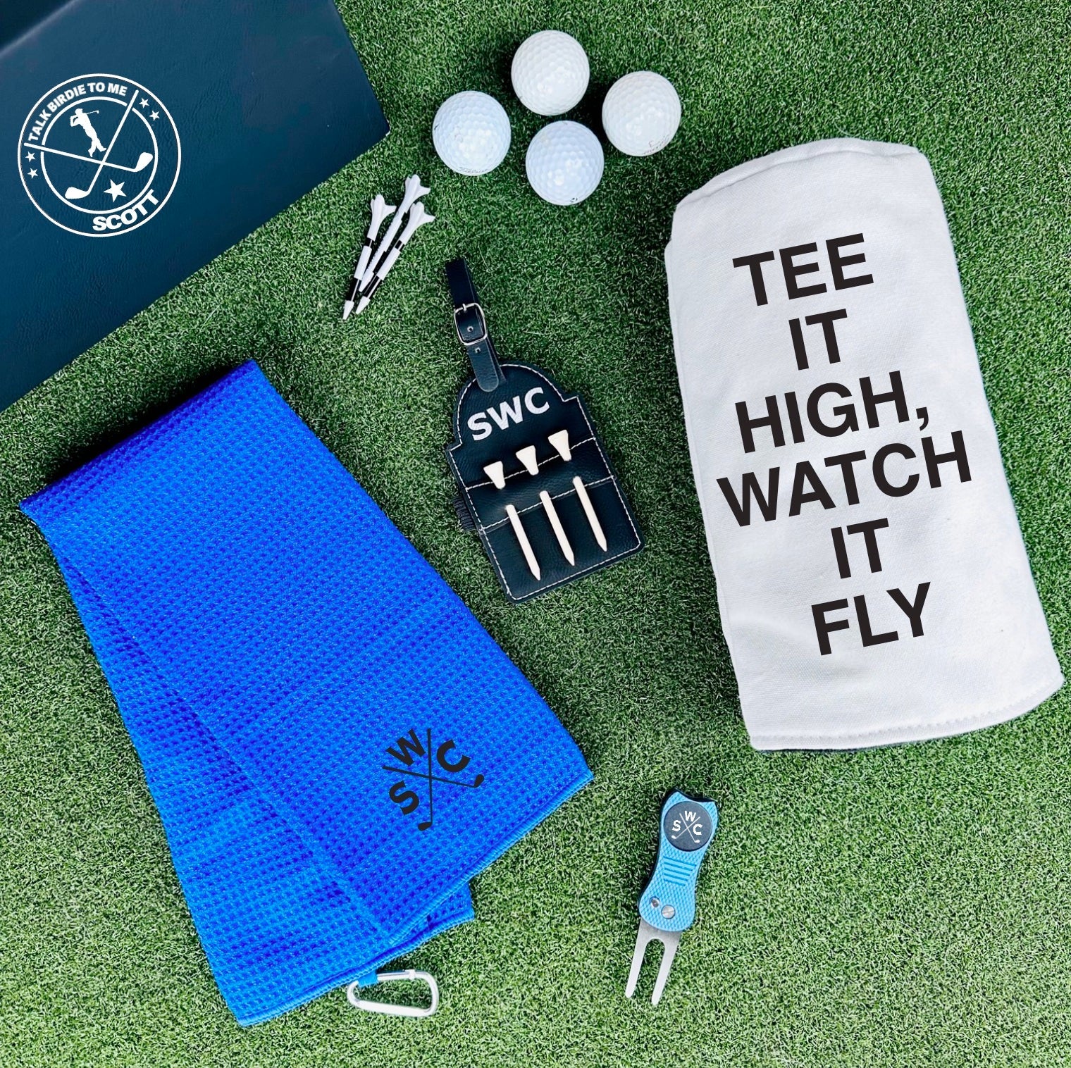 Golf gift set with towel, divot tool, and personalized bag tag