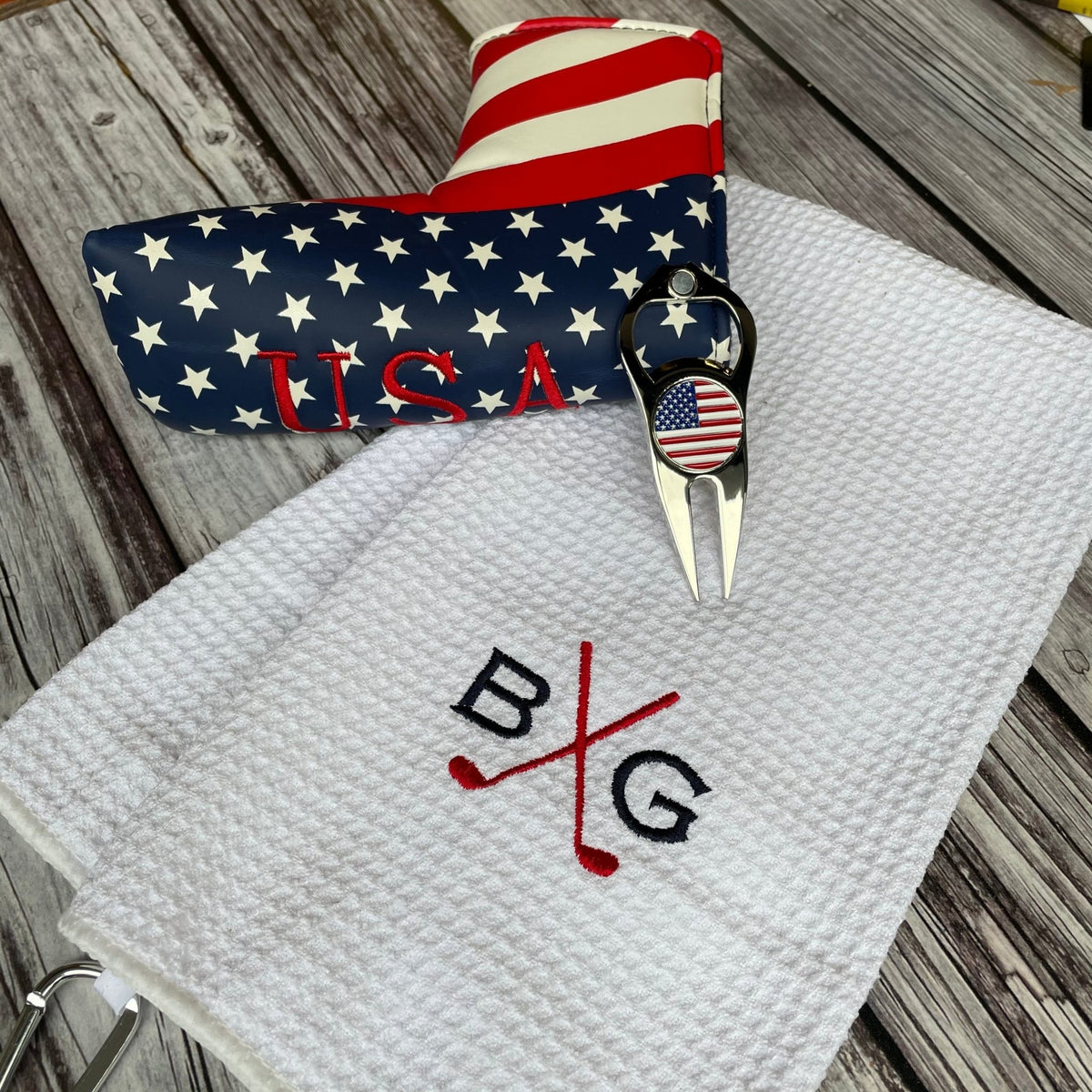 Patriotic golf set with microfiber towel, head cover, and divot tool