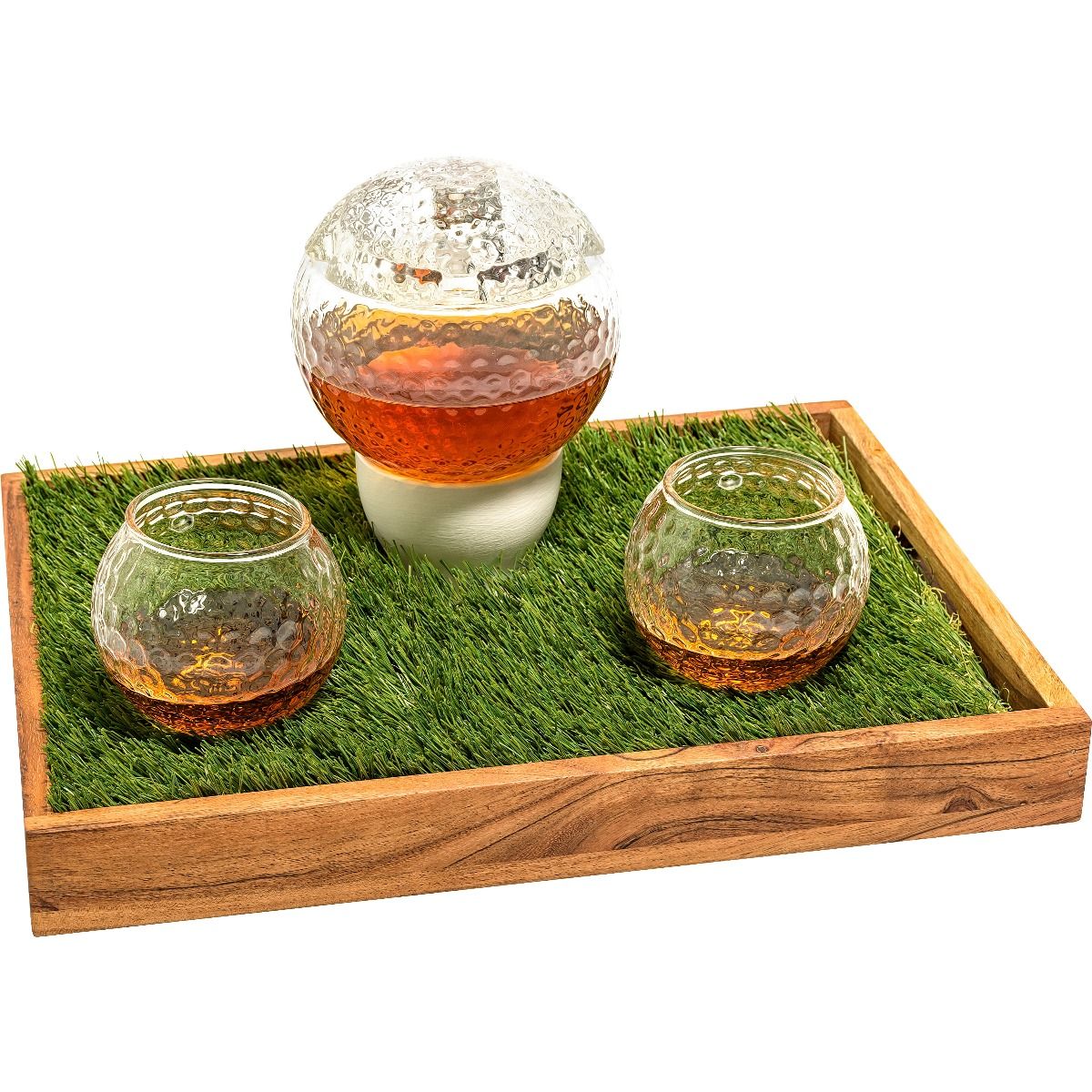 Handcrafted golf ball whiskey decanter set with glasses and wooden stand.