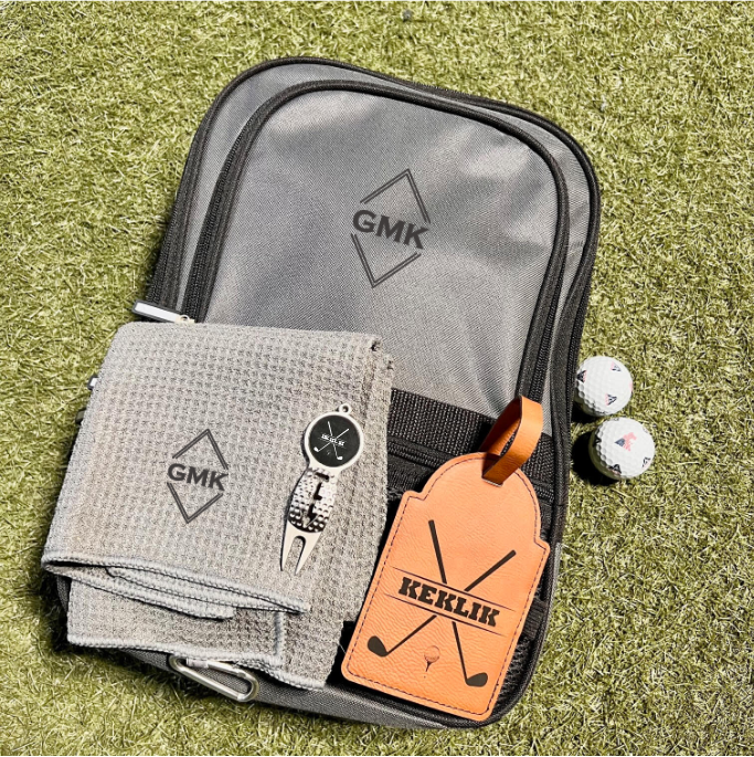 Personalized golf gift set with shoe bag, towel, and bag tag