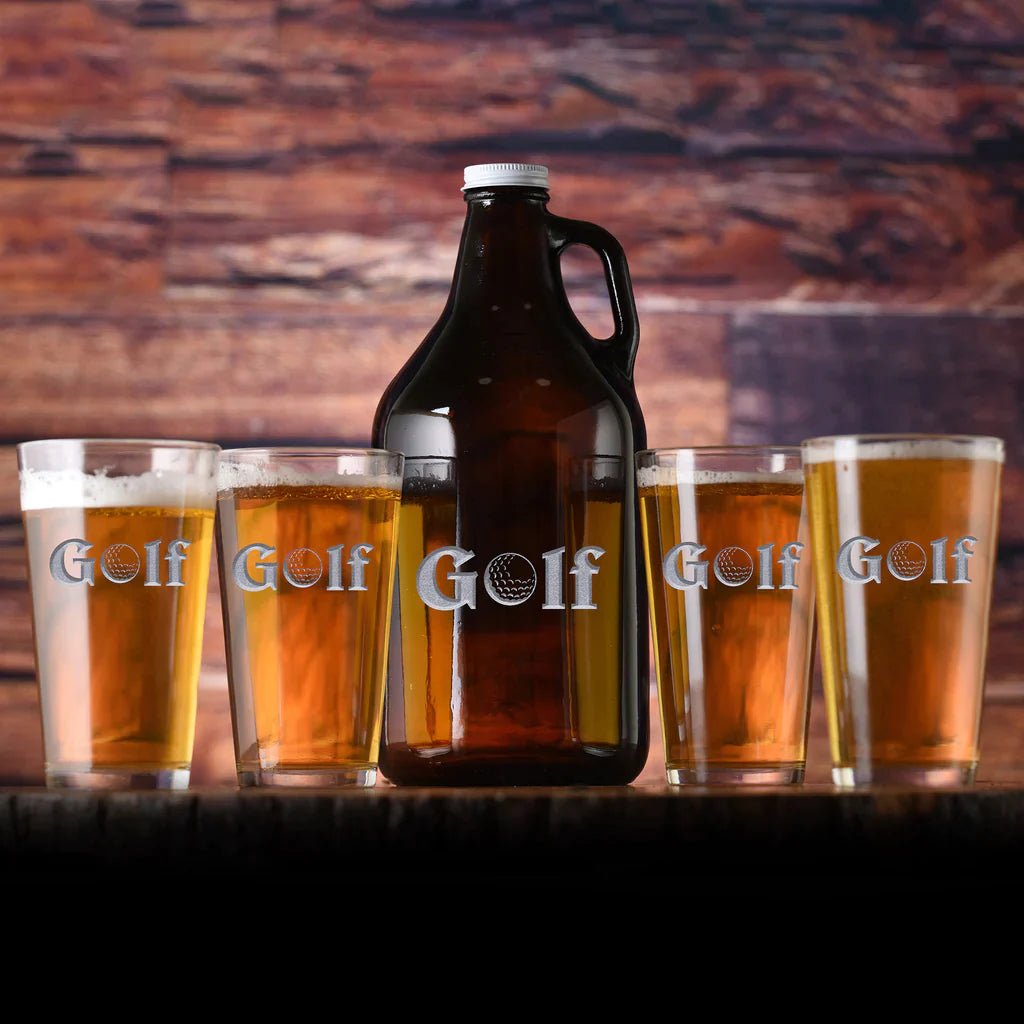 Engraved beer growler and pint glass set with golf-themed design