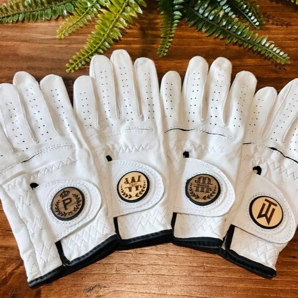 Custom golf glove with personalized text and premium material options.