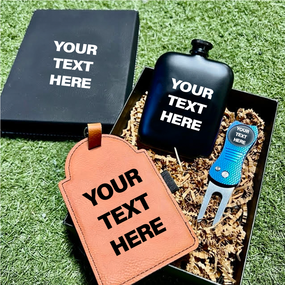 Personalized golf gift set with divot tool, flask, and bag tag