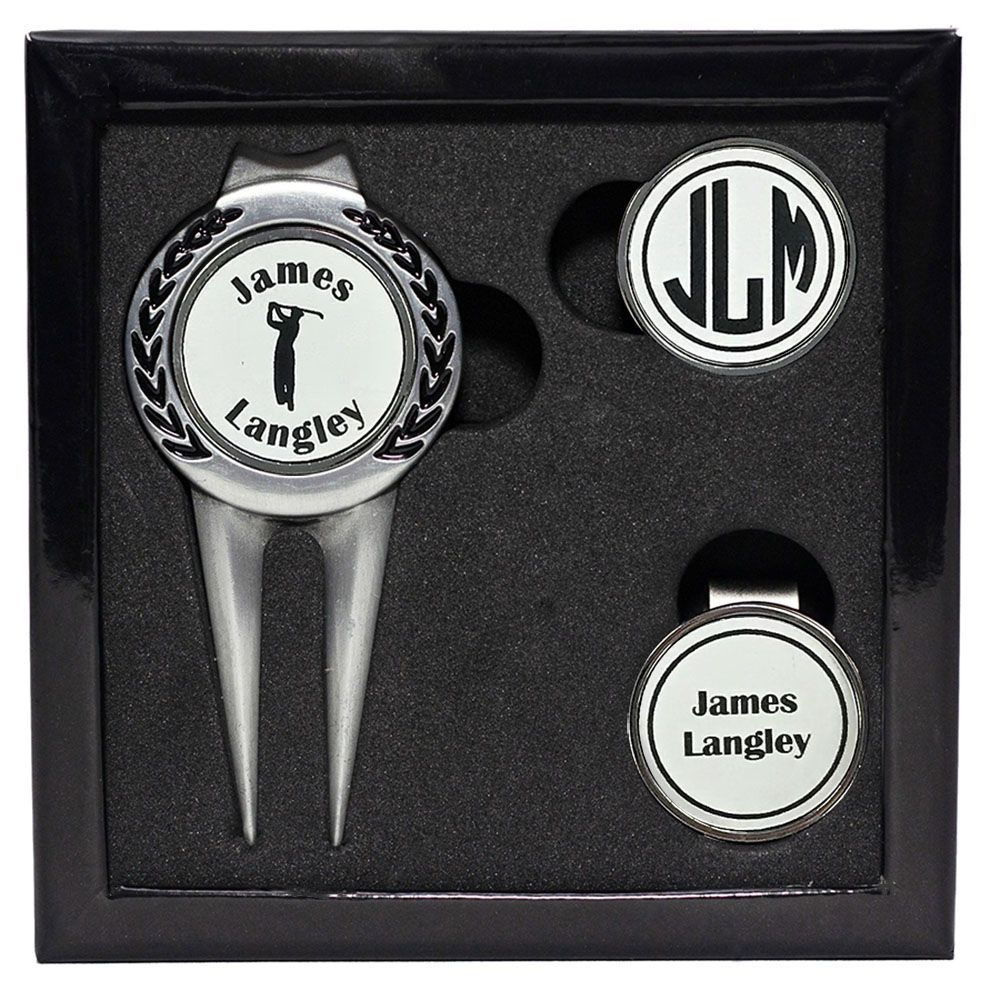 Personalized golf divot tool gift set with magnetic markers in an engraved box